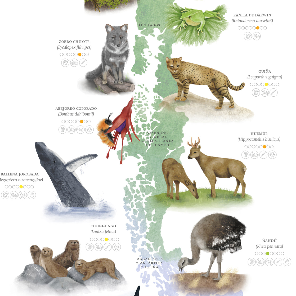 Mapa especies nativas de Chile con problemas de conservación